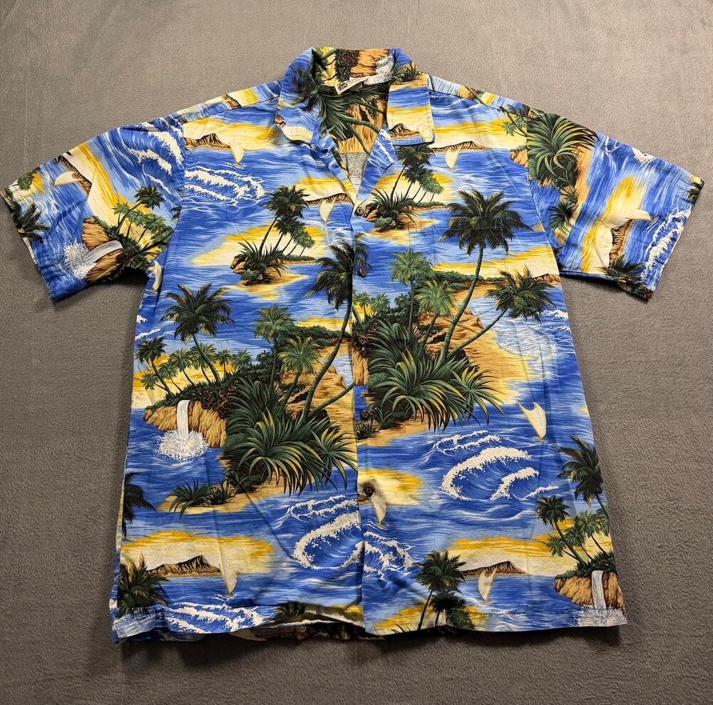 Aloha Republic Mens Large Hawaiian Shirt Blue Tropical Palm Tree Island Camp